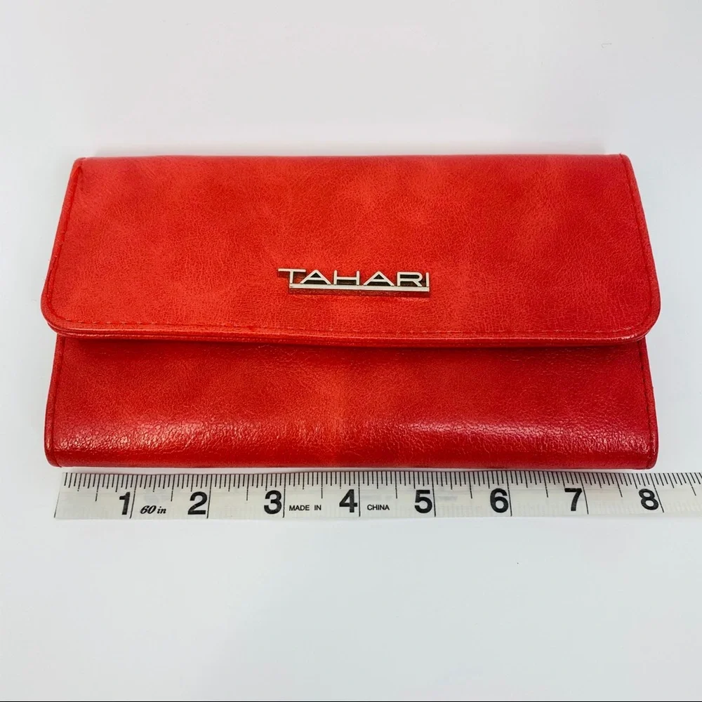 Tahari‎ Red Faux Leather Trifold Wallet RFID Identity Protect Snap Closure